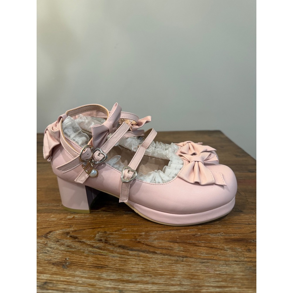 Jingpin Pink Lolita Mary Jane Heels Bow Ruffle Heart Buckle Pearl Charm Size 38